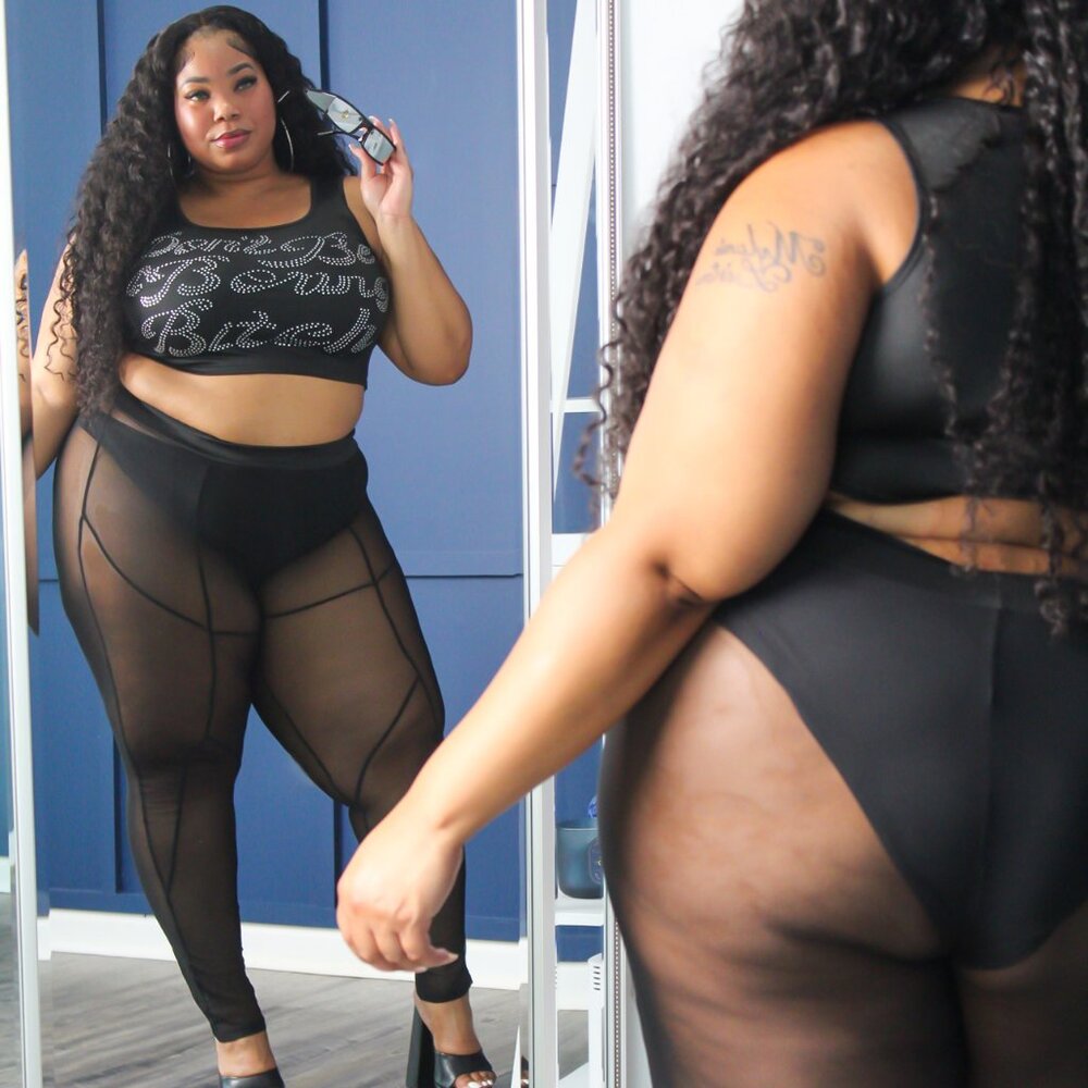 Plus Size Rhinestone Crop Top & Mesh Legging Set | Two Piece Outfit